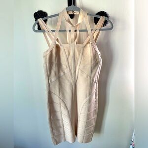 BEBE nude bodycon strappy dress